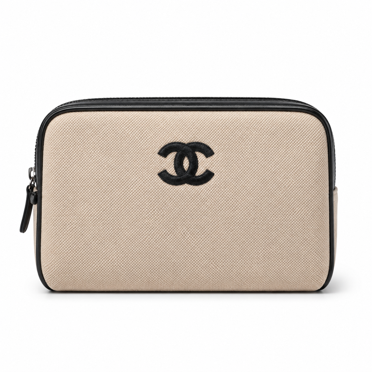 Chanel Natural Linen Camera Bag | Black CC Appliqué, Black Leather Trim & CHANEL Zip Pulls