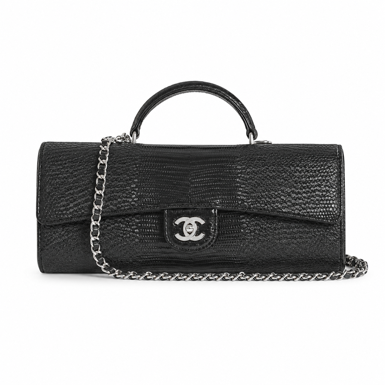 Chanel Black Lizard-Embossed Baguette Flap Bag | Top Handle & Silver Chain