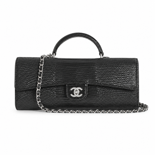 Chanel Black Lizard-Embossed Baguette Flap Bag | Top Handle & Silver Chain