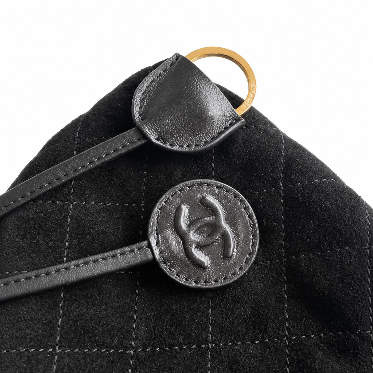 Chanel Black Quilted Suede Drawstring Bucket Bag | Gold CC Charm & D-Ring — 22cm