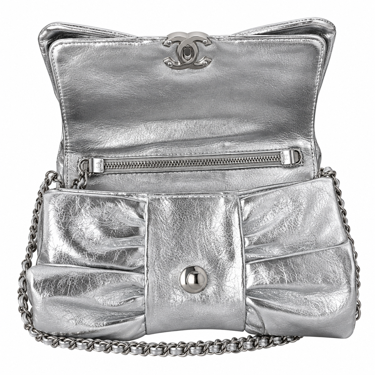 Chanel Bow Bag Ruched Metallic Crinkled Calfskin Silver 22cm