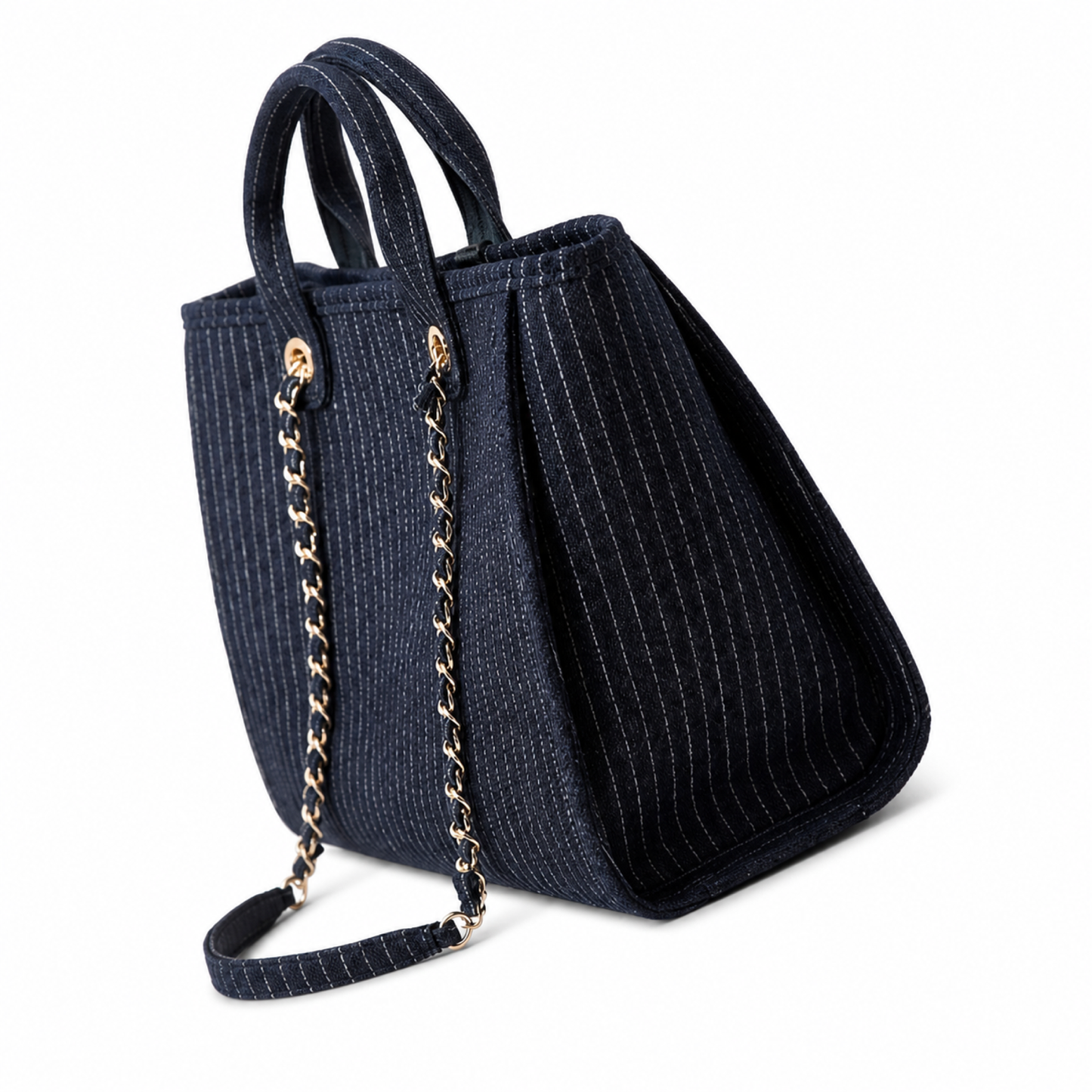 Chanel Deauville Tote Navy Pinstripe Tweed | Tonal CHANEL Embroidery — 32cm