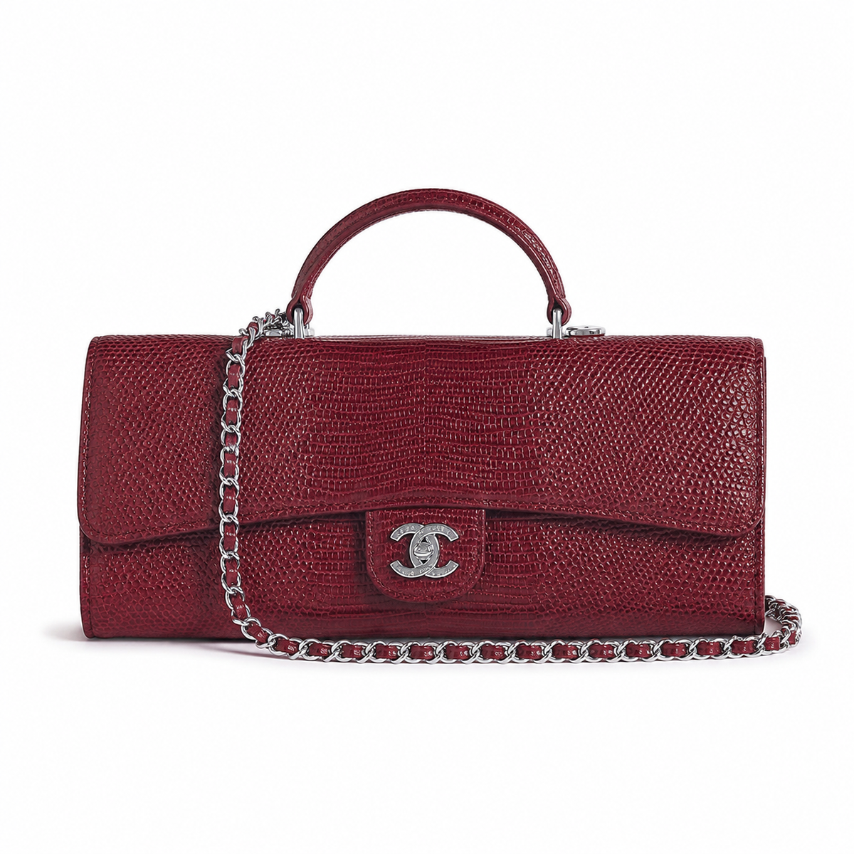 Chanel Cherry Red Lizard-Embossed Baguette Flap Bag | Top Handle & Red-Threaded Silver Chain