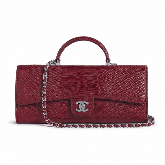 Chanel Cherry Red Lizard-Embossed Baguette Flap Bag | Top Handle & Red-Threaded Silver Chain