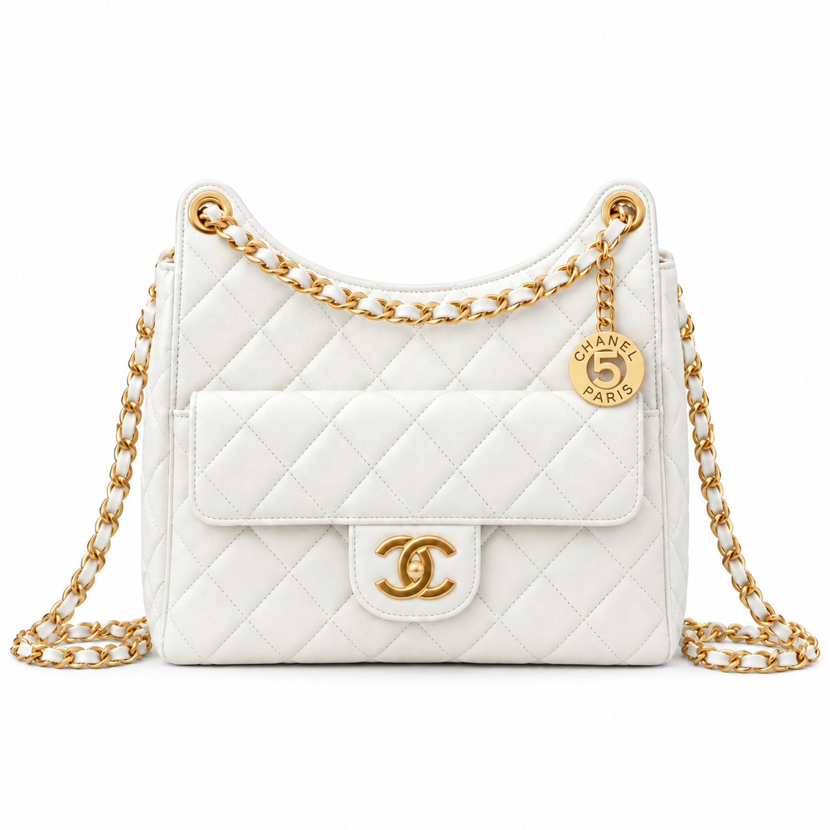 Chanel No.5 Charm Hobo Quilted Lambskin White Gold 22cm