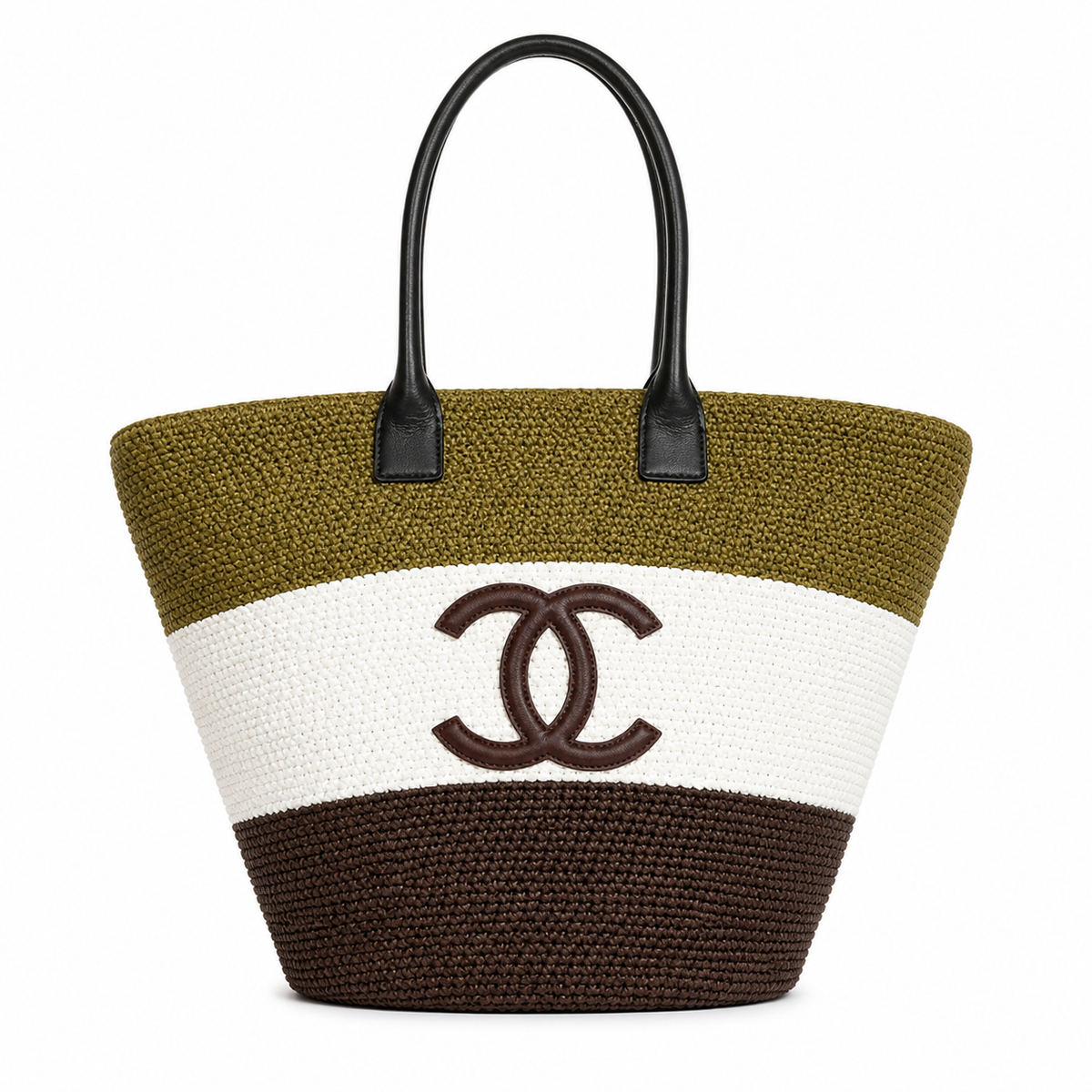 Chanel Olive, Ivory & Espresso Raffia Market Tote | Brown CC on White — 58cm