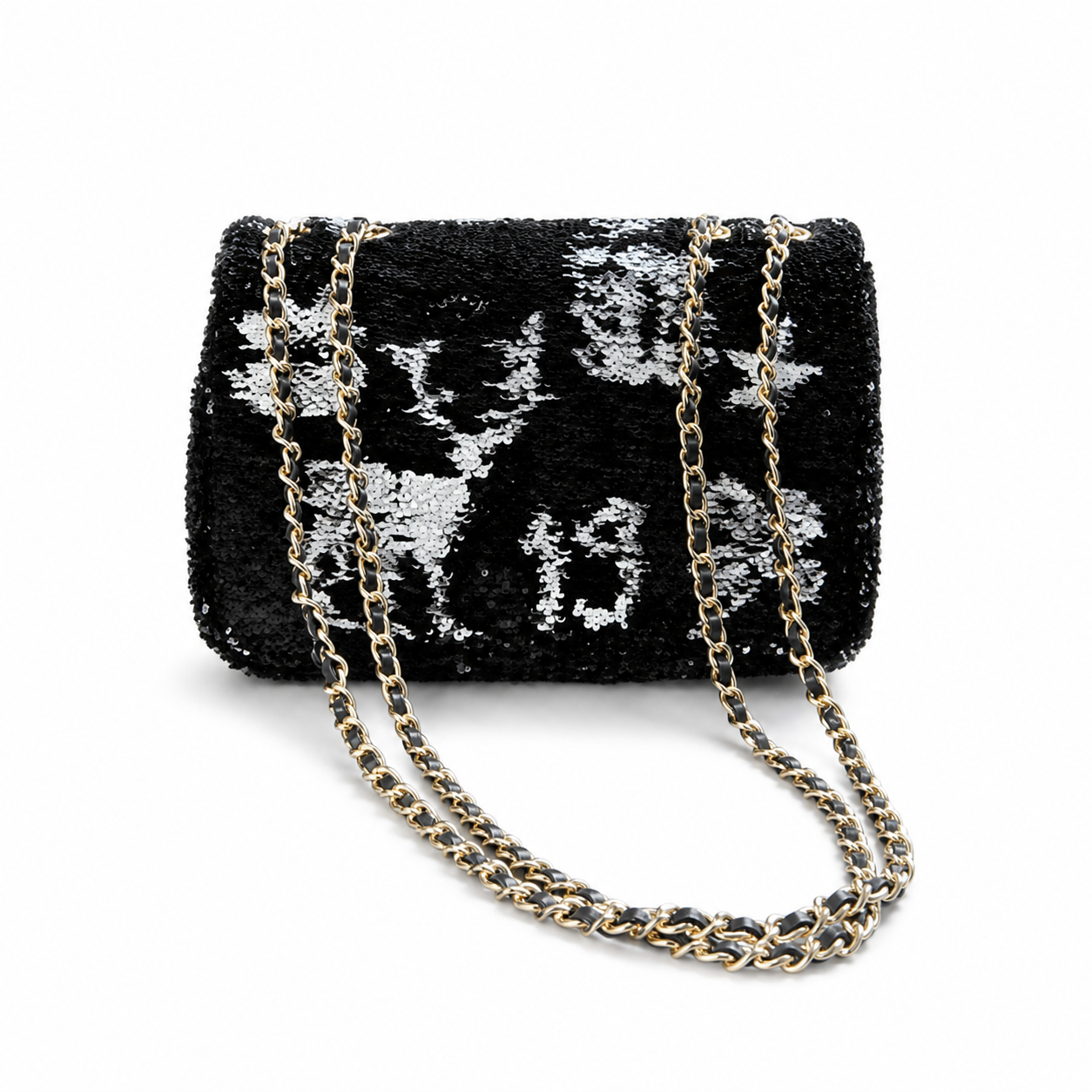 Chanel Black & Silver Sequin Mini Flap Bag | Camellia & Teal Gemstone CC — 21cm
