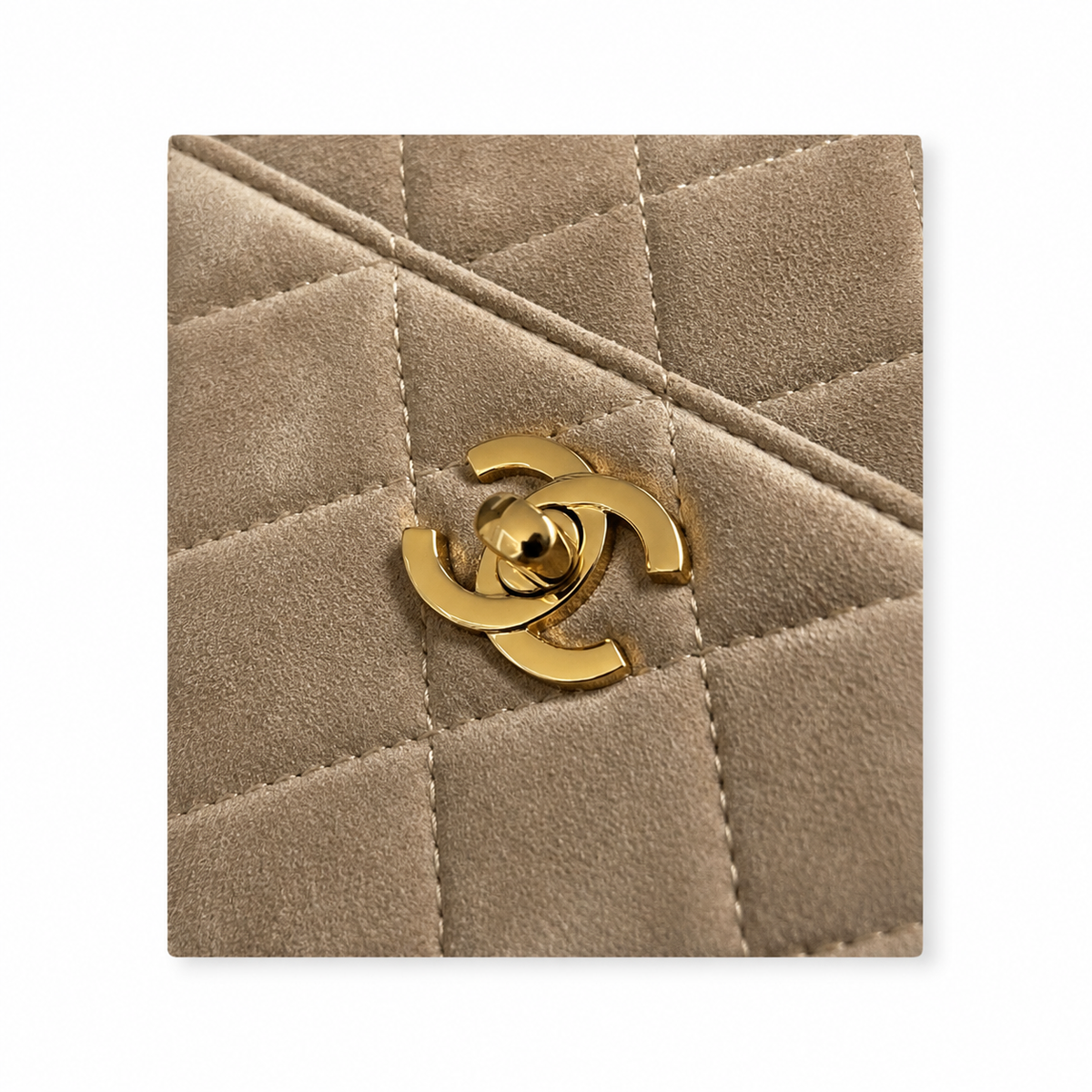 Chanel Camel Suede Quilted Camera Bag | CC Turn-Lock Front Pocket, Top Zip & Gold Chain
