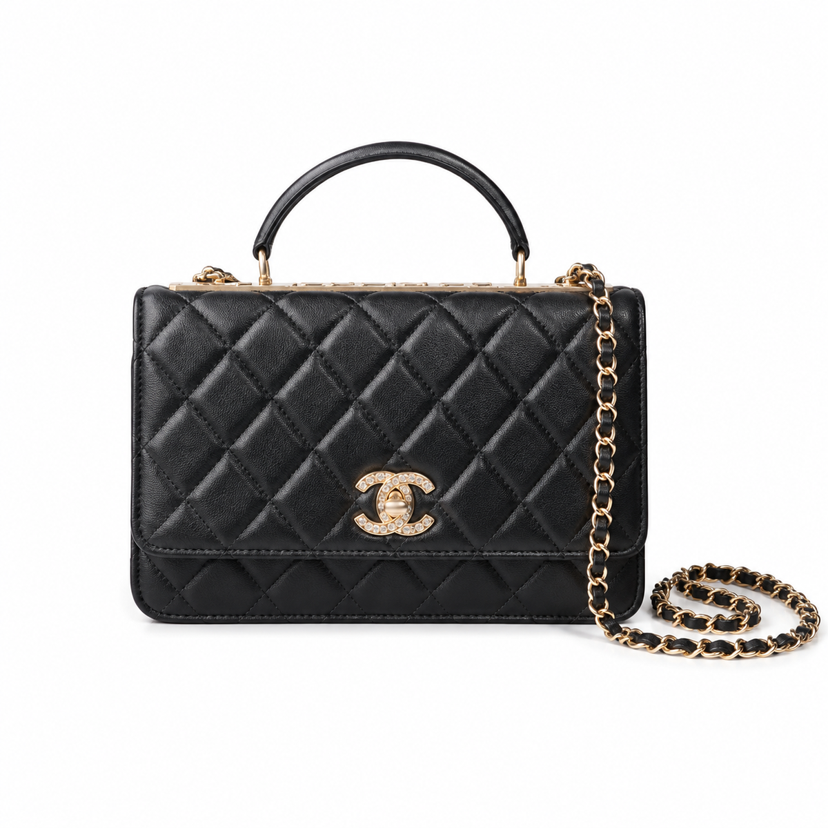 Chanel Black Quilted Lambskin Flap Bag with Crystal Frame Bar & Silver Chain