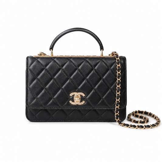 Chanel Black Quilted Lambskin Flap Bag with Crystal Frame Bar & Silver Chain