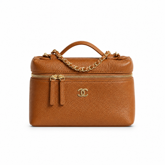 Chanel Caramel Caviar Mini Vanity Case | CC Turn-Lock & Front Zip Pocket — 19cm