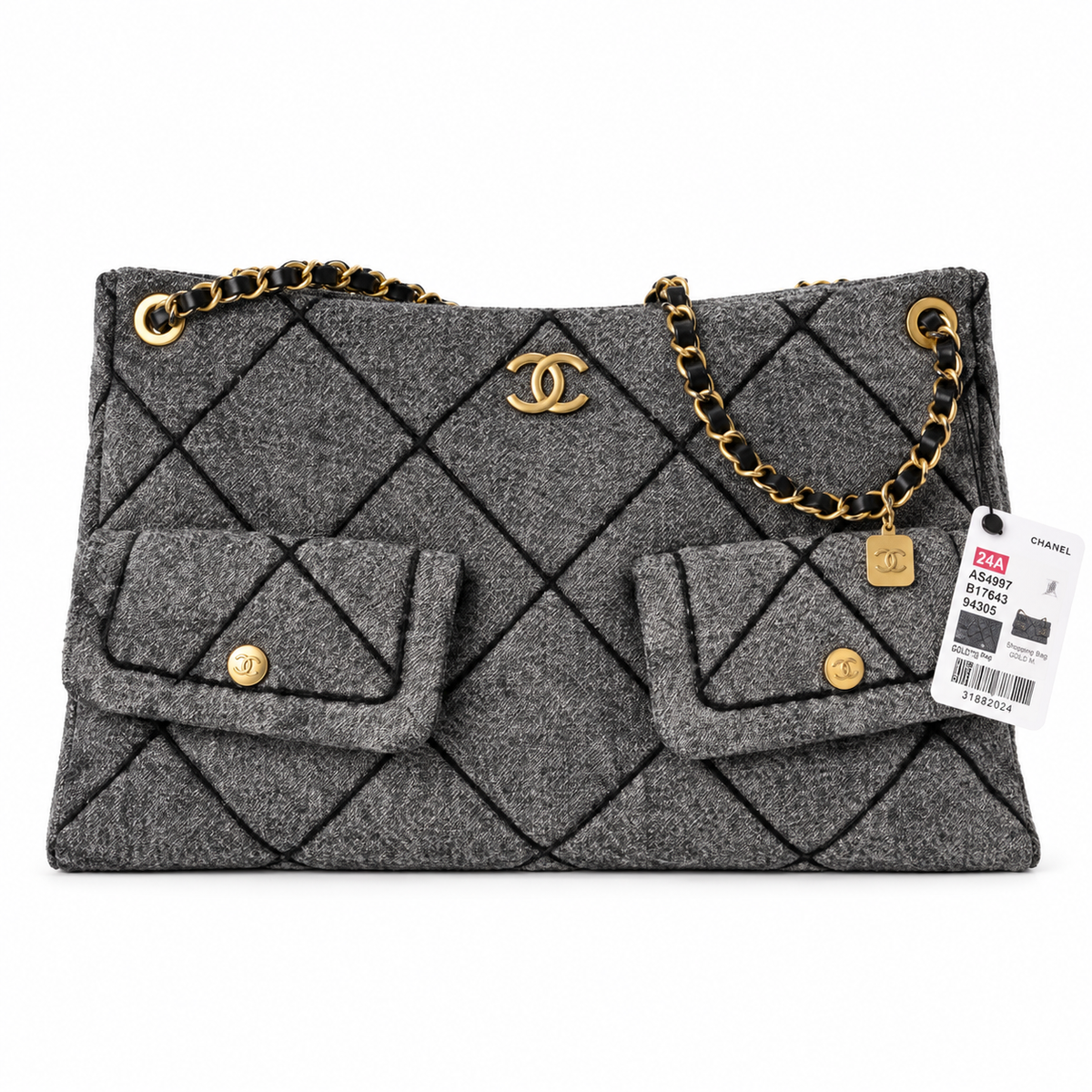 Chanel 24A Quilted Tweed Shopping Bag Grey 25.5×38×10.5cm