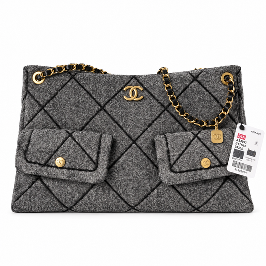 Chanel 24A Quilted Tweed Shopping Bag Grey 25.5×38×10.5cm