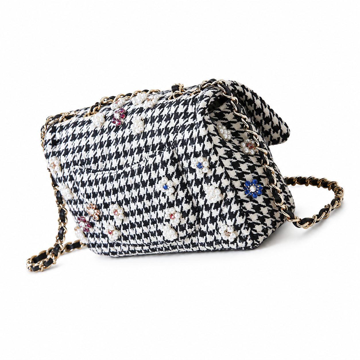 Chanel Black & White Houndstooth Tweed Box Bag with Pearl & Crystal Flower Embellishments