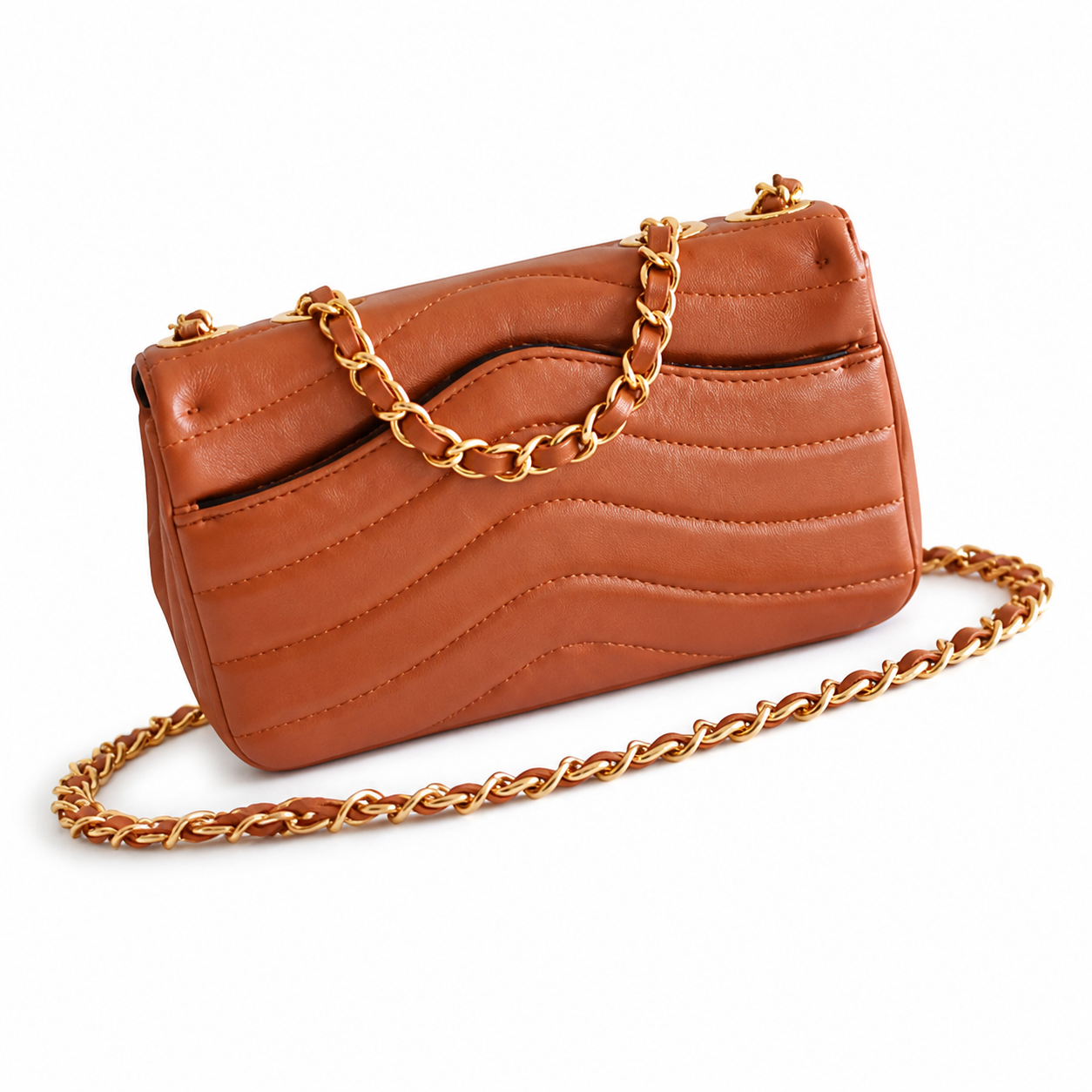 Chanel Wave-Quilted Mini Flap Cognac Lambskin | Gold Push-Lock & Burgundy Interior — 27cm