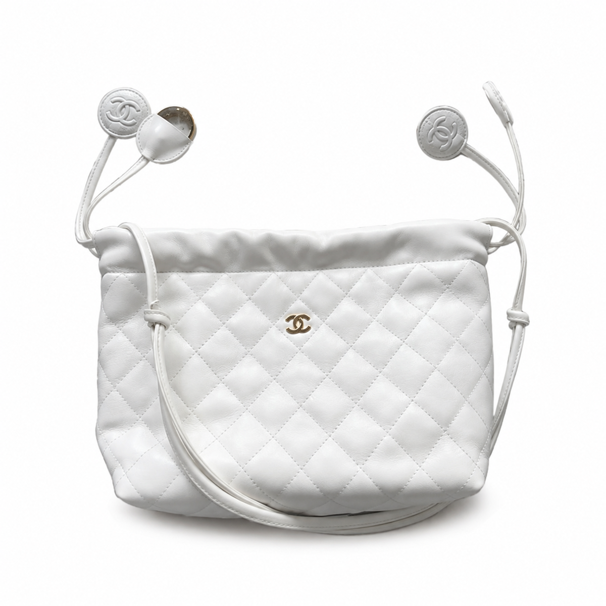 Chanel White Lambskin Quilted Drawstring Bucket Bag | Triple CC Coin Charms & Adjustable Strap