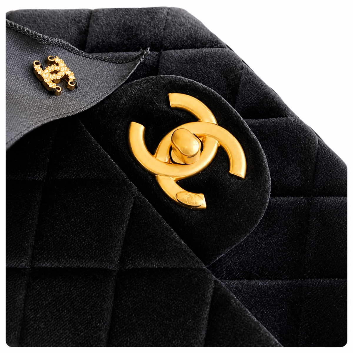 Chanel Quilted Flap Bag Black Velvet | Oversized Matte Gold CC Turn-Lock — 20cm