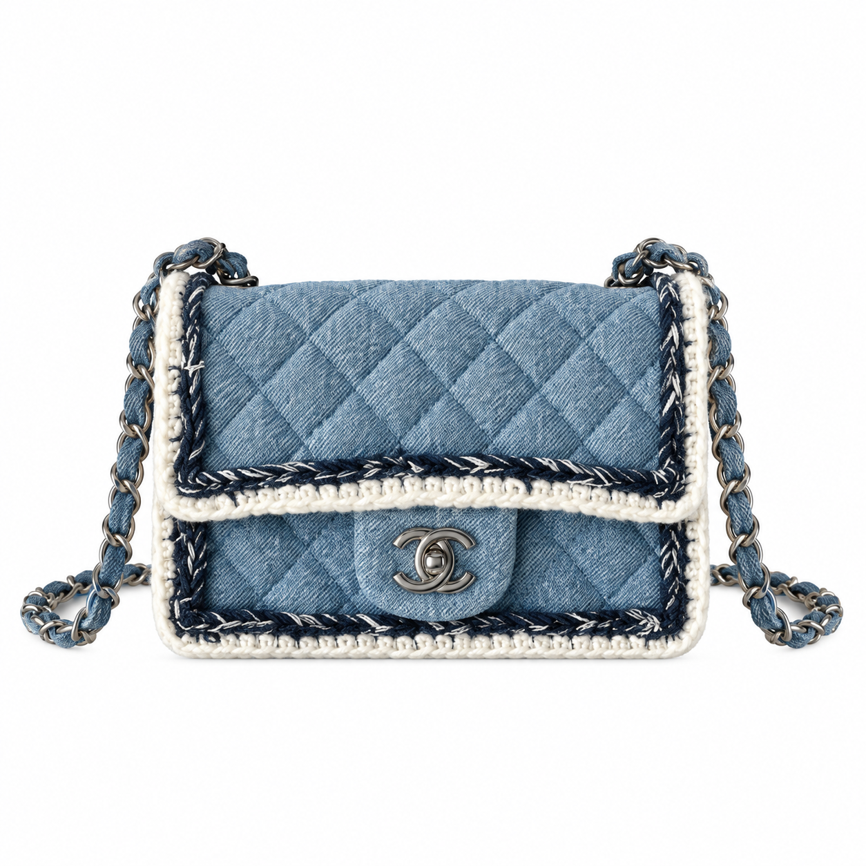 Chanel Quilted Denim Mini Flap Bag White Yarn Trim 20cm