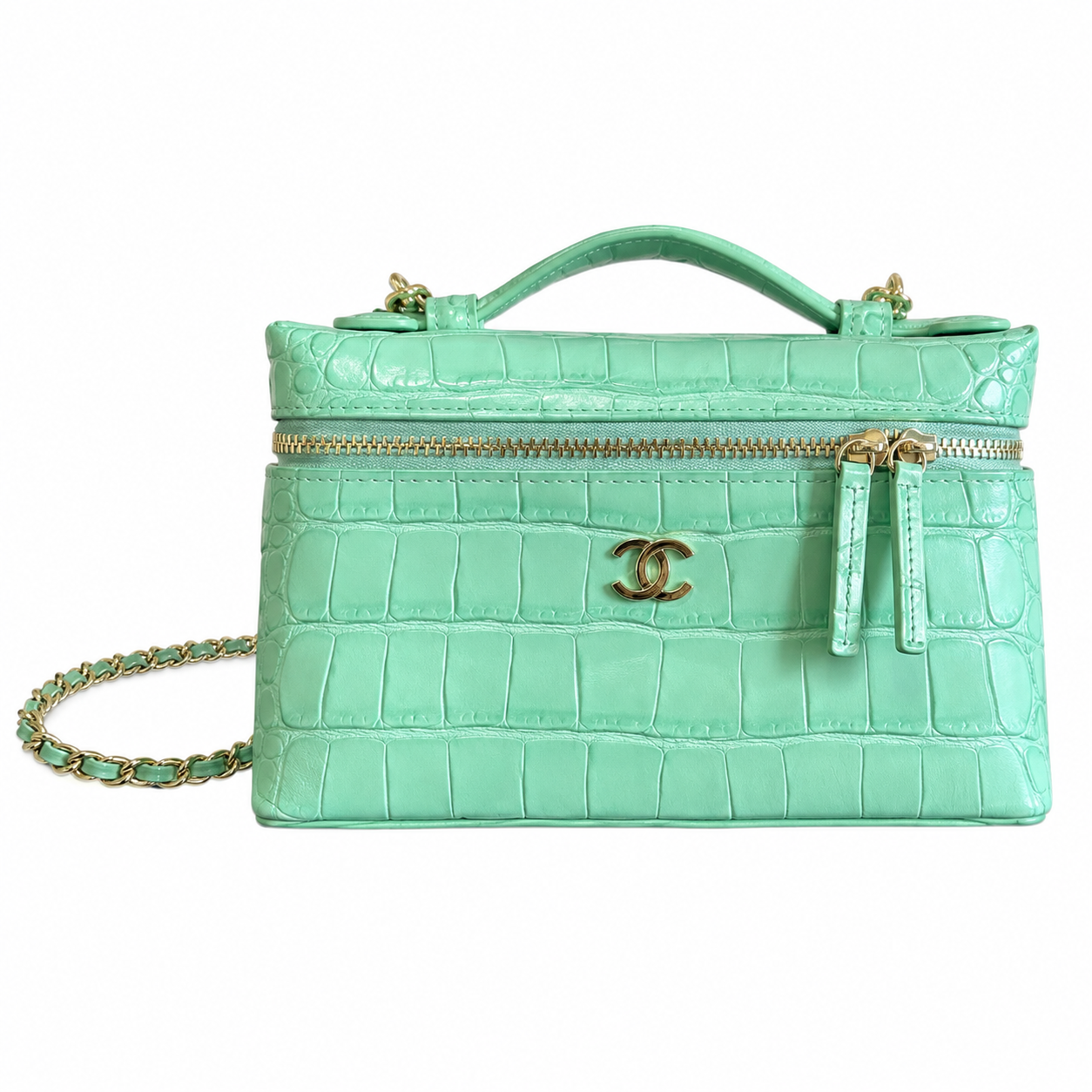 Chanel Mint Green Croc-Embossed Patent Vanity Case | Gold CC Logo, Top Handle & Tonal Chain