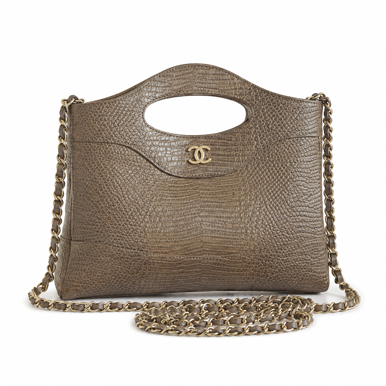 Chanel Olive Brown Lizard-Embossed Leather Tote | Cut-Out Handle, CC Logo & Gold Chain
