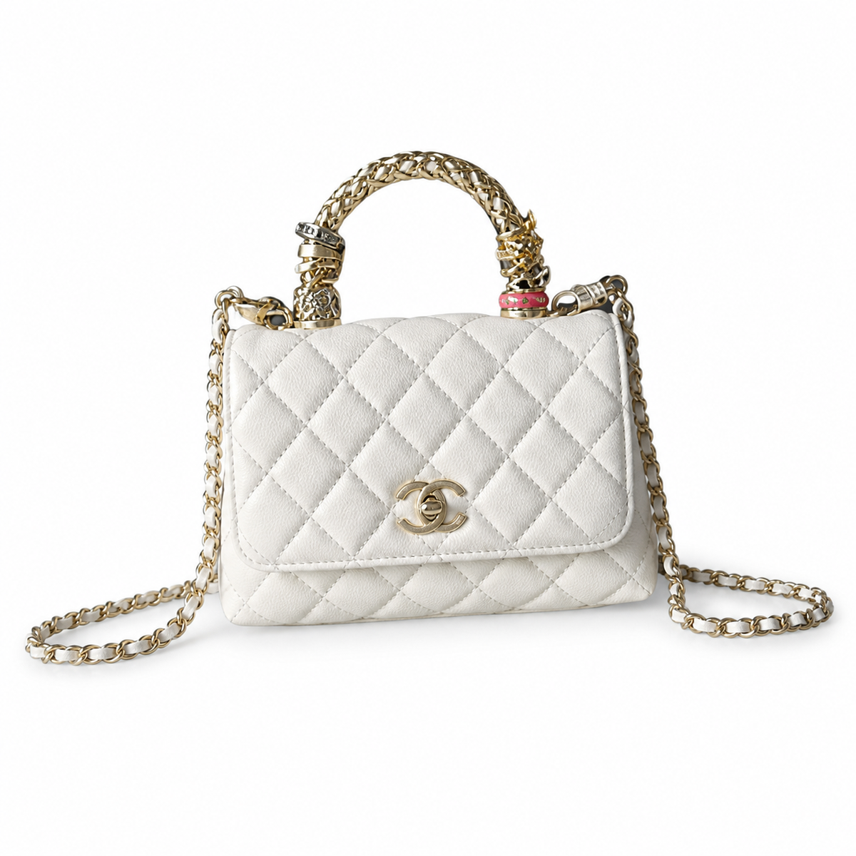 Chanel Ivory White Quilted Lambskin Mini Flap | Jeweled Handle & Red CC Disc — 19cm