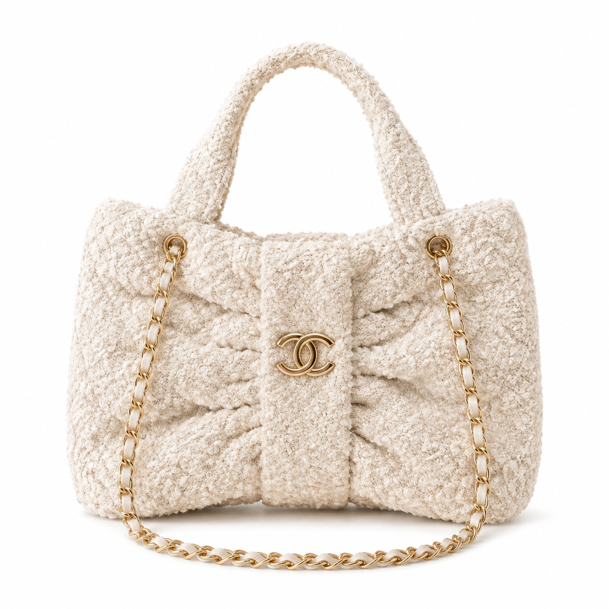 Chanel Bouclé Tweed Large Shopping Tote | CC Gold Chain Ivory White — 29x38cm