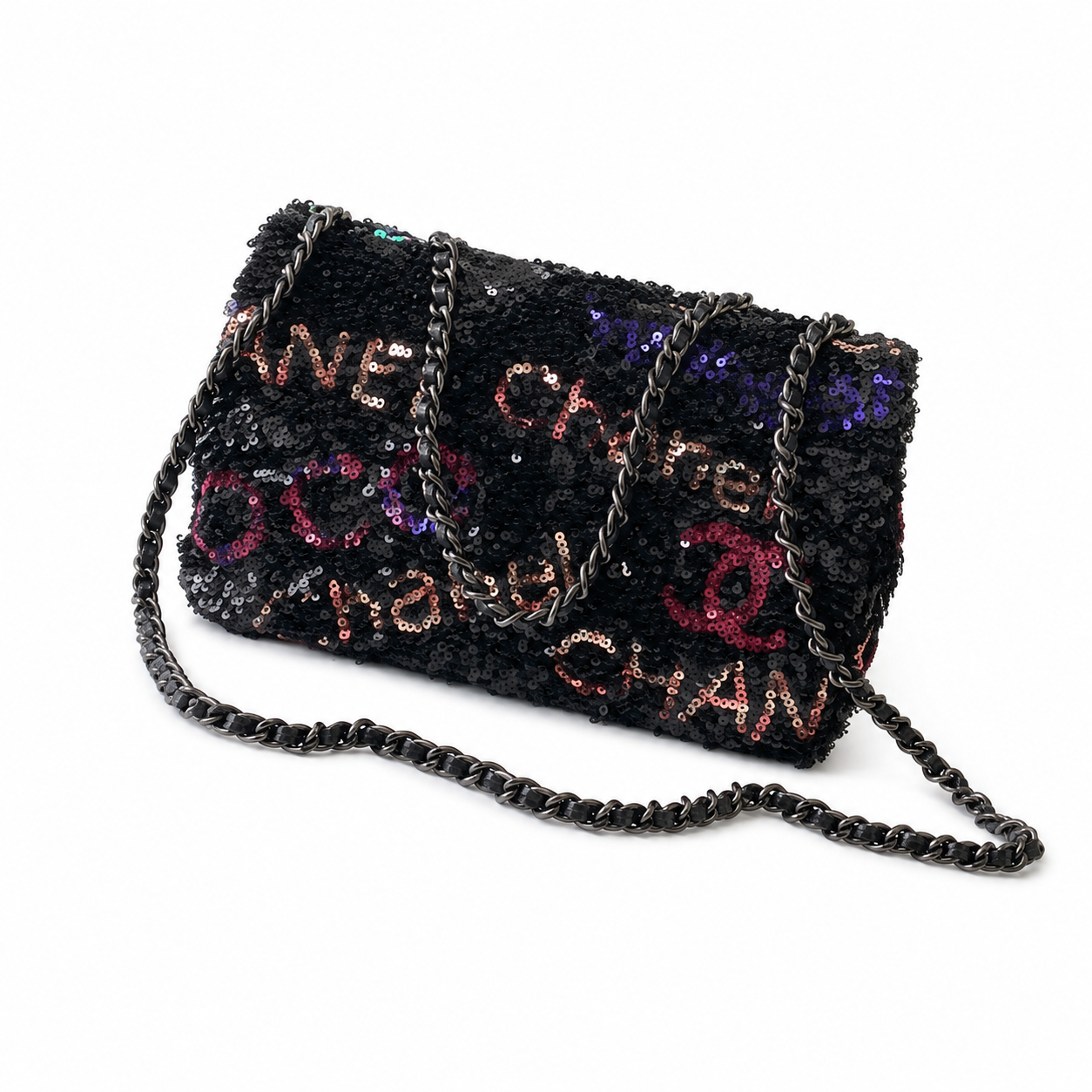 Chanel Black Sequin Graffiti Flap Bag | Neon Pink & Purple CHANEL COCO Text, Turquoise Accent & Gunmetal Chain