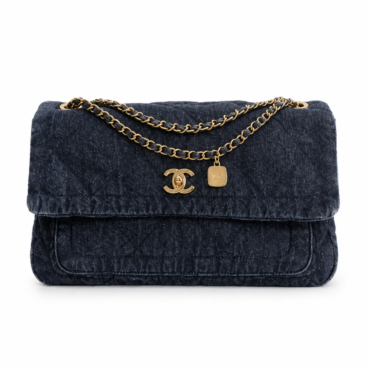 Chanel Denim Quilted Flap Bag | CC Turn-Lock Gold Chain Navy — 35x24cm