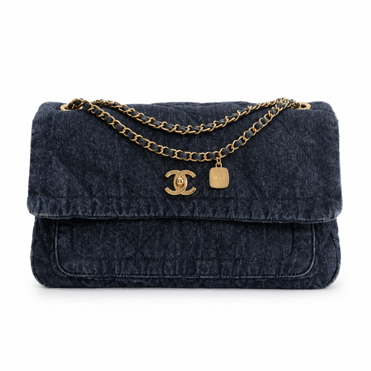 Chanel Denim Quilted Flap Bag | CC Turn-Lock Gold Chain Navy — 35x24cm