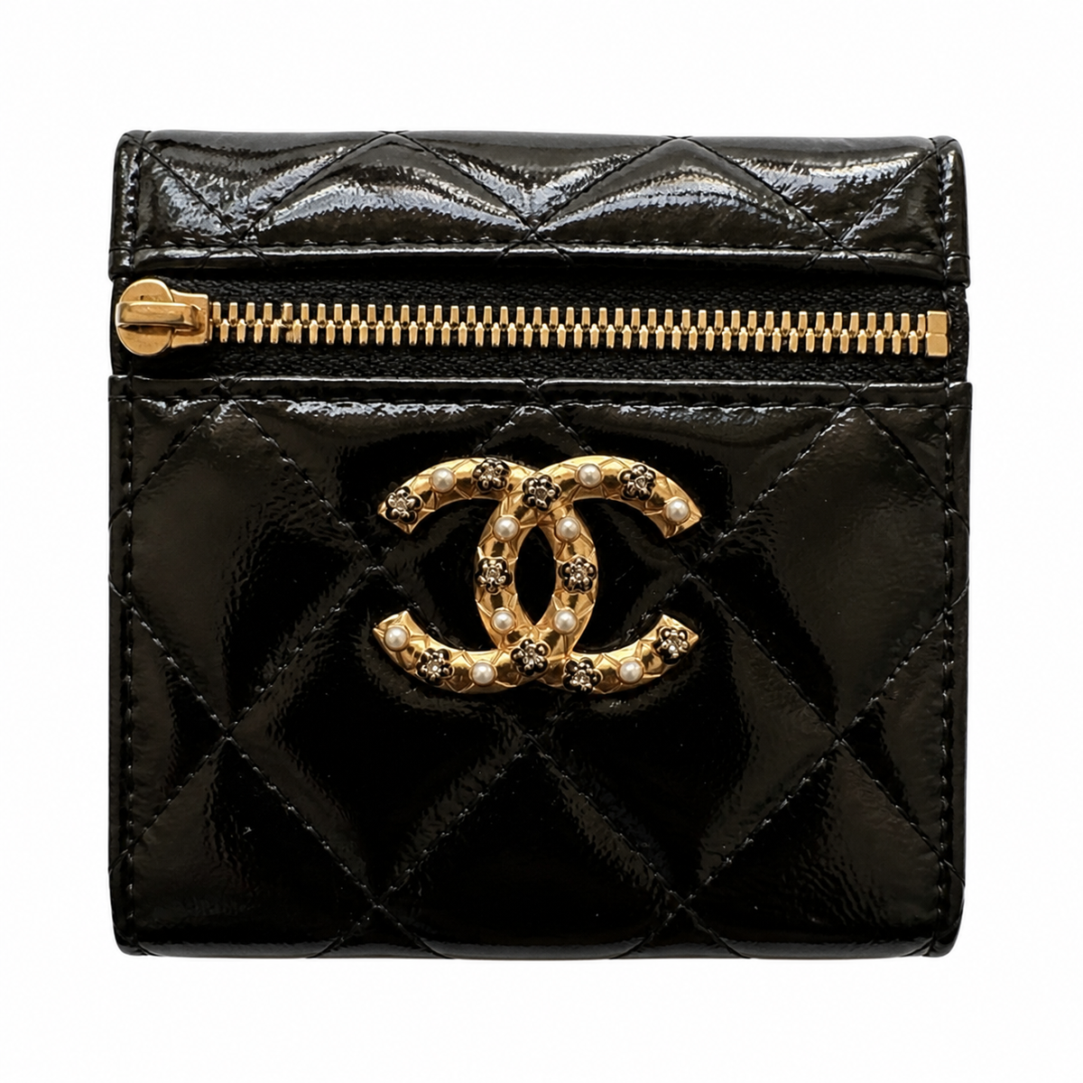 Chanel Pearl & Camellia CC Vanity Pouch Black Patent | Jewelled Gold CC & Chain — 19cm