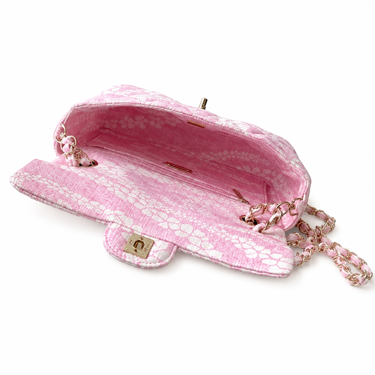 Chanel Pink & White Floral Tweed Bouclé Small Classic Flap Bag | Gold CC Turn-Lock, Rose Gold Chain & Tonal Pink Lining