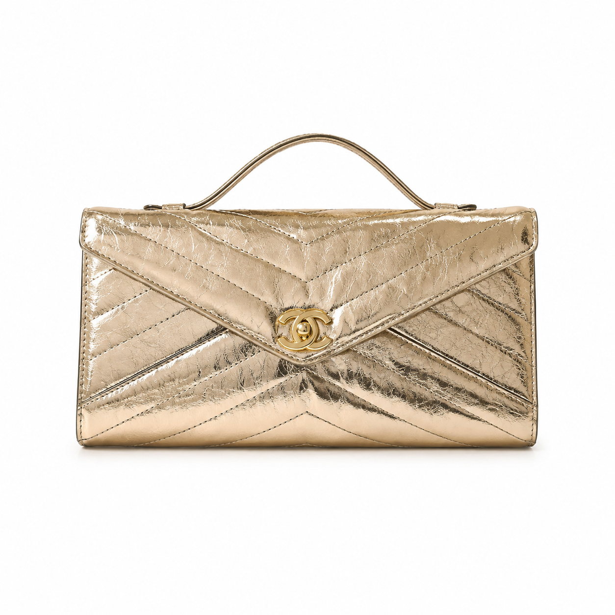 Chanel Champagne Gold Crinkled Metallic Envelope Bag | Chevron Quilting & Gold CC Turn-Lock