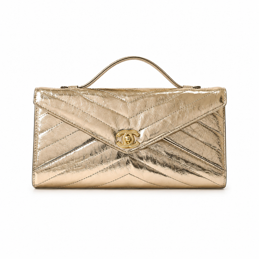 Chanel Champagne Gold Crinkled Metallic Envelope Bag | Chevron Quilting & Gold CC Turn-Lock
