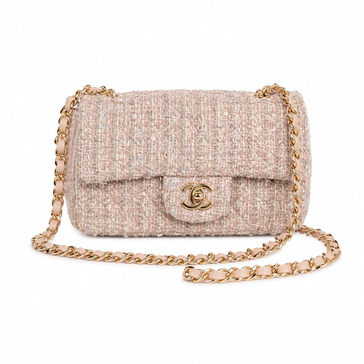 Chanel Classic Small Flap Bag Blush Pink Sequin-Embellished Tweed | Gold CC & Pink Chain — 20cm