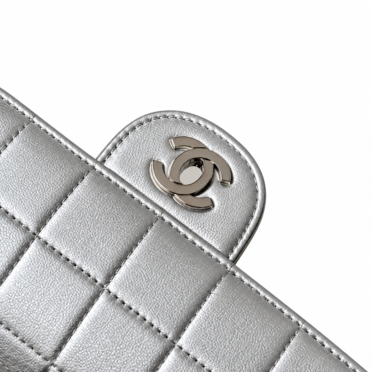 Chanel Metallic Square Quilted East West Flap Bag Silver 26cm