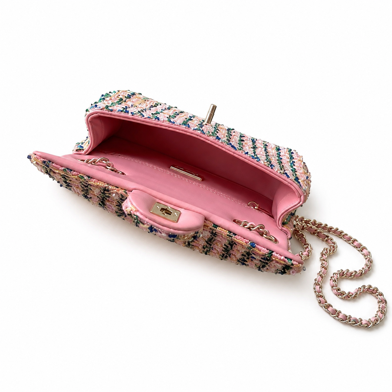 Chanel Pink Tweed-Stripe Sequin Flap Bag | Rose Gold Chain, Gold Rectangular CC & Bright Pink Interior
