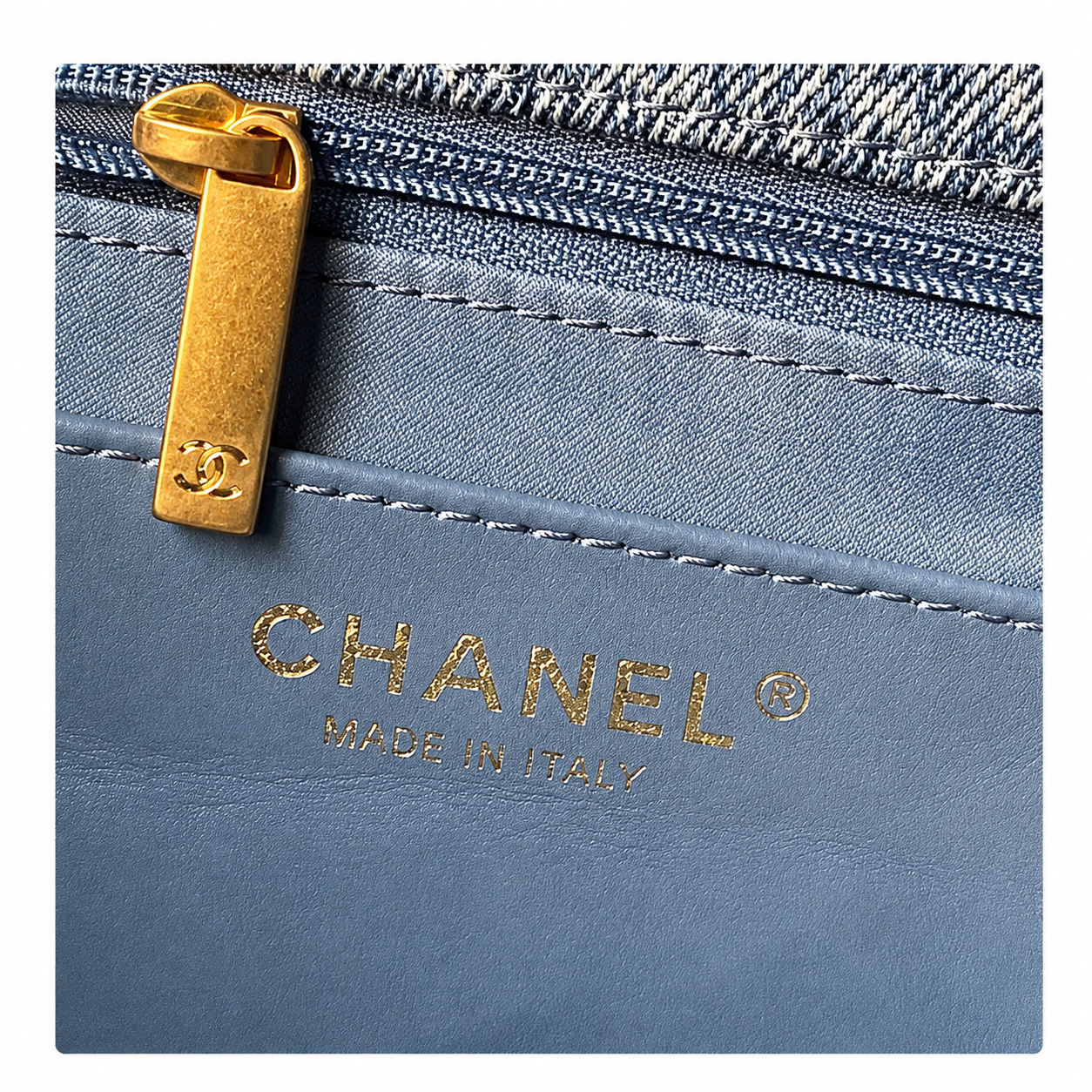 Chanel Denim Quilted Flap Bag | CC Turn-Lock Gold Chain — 18x28cm