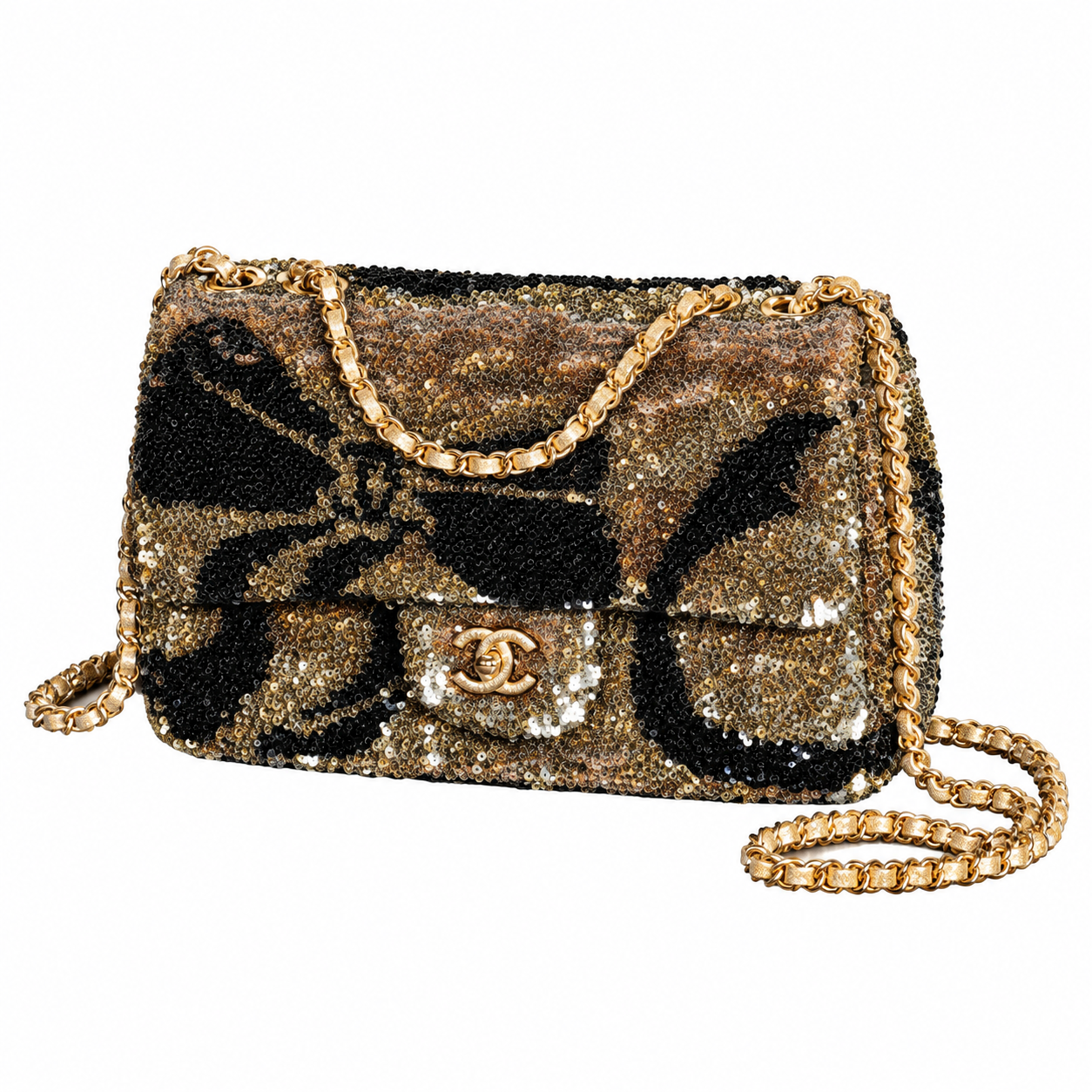 Chanel Classic Flap Leopard Sequin Black Gold 21cm
