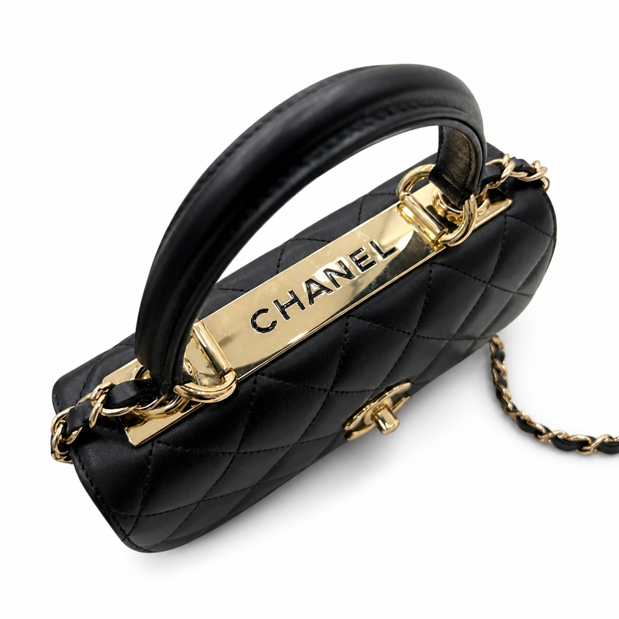 Chanel Trendy CC Mini Top-Handle Flap Black Lambskin | Gold CHANEL Nameplate Bar — 20cm