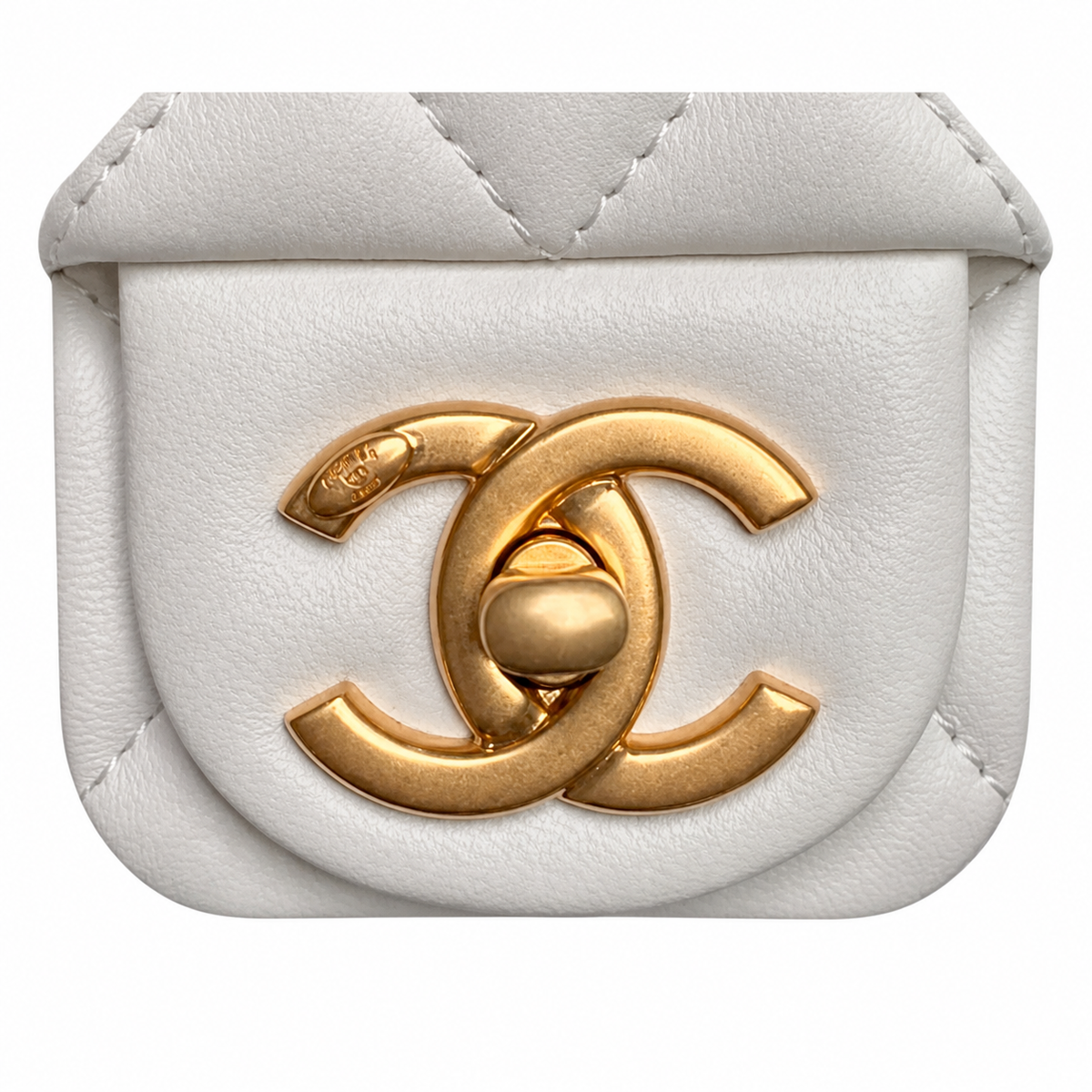 Chanel Mini Square Flap White Lambskin | Oversized CC Turn-Lock & Gold CC Charm — 18cm