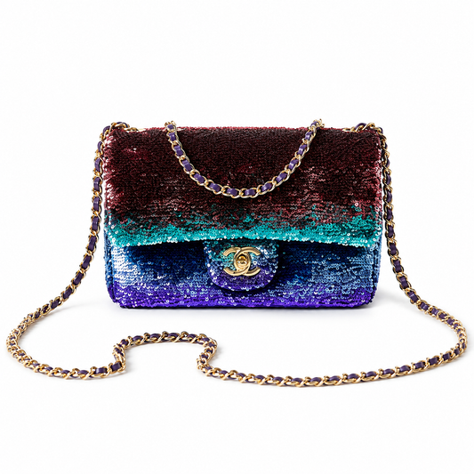 Chanel Aurora Ombré Sequin Flap Bag | Burgundy to Teal to Violet 5-Zone Gradient, Champagne Gold CC & Purple Chain