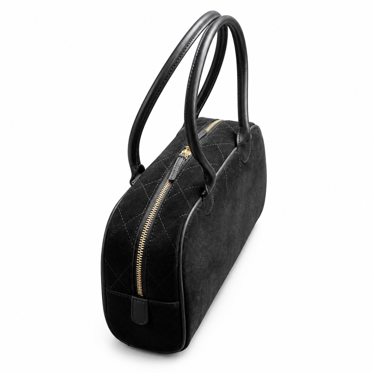 Chanel Bowling Bag Black Diamond-Quilted Suede | Elongated Barrel & Gold Full-Length Zip — 29cm
