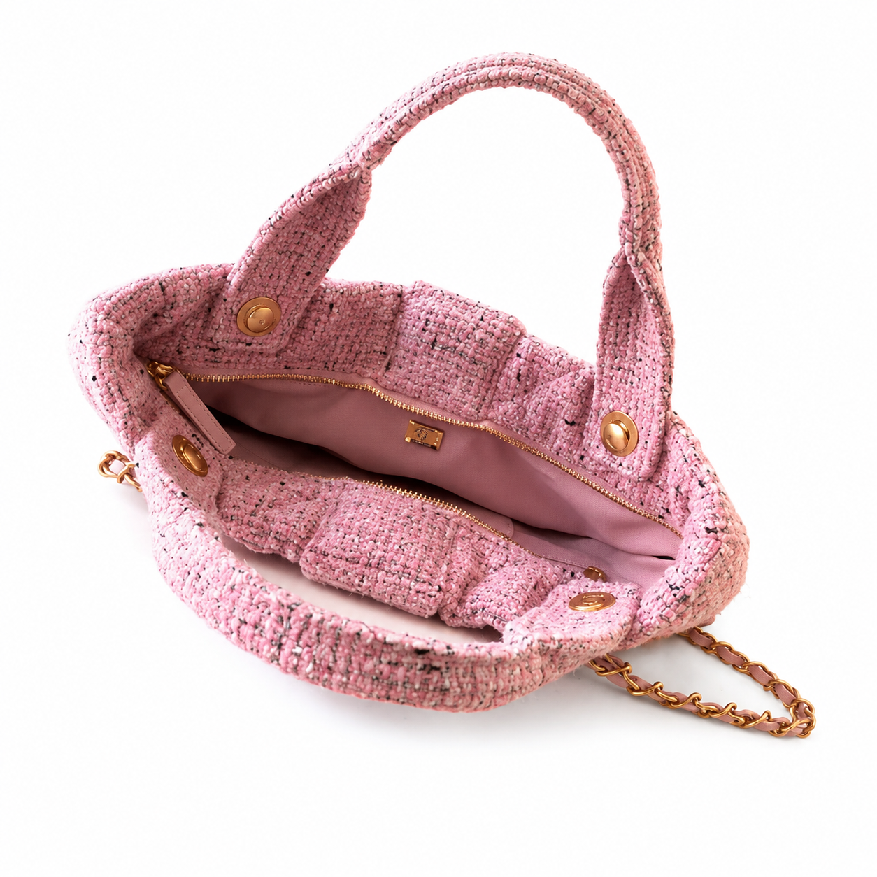 Chanel Pink Bouclé Tweed Large Shopping Tote | CC Gold Chain Pink — 29x38cm