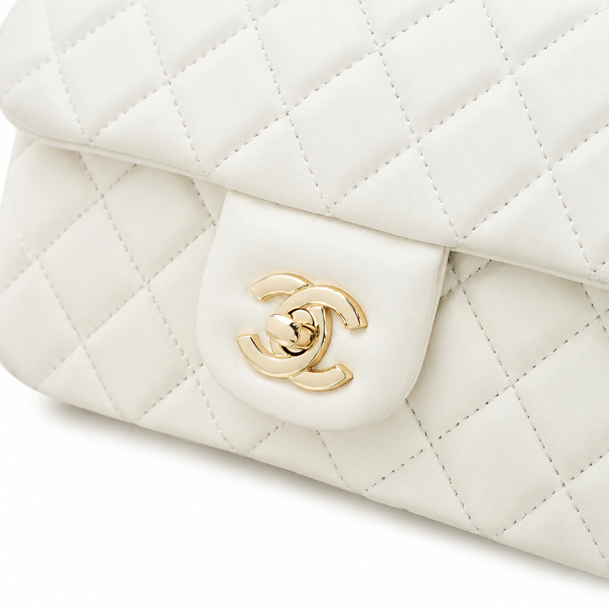 Chanel White Quilted Lambskin Rectangular Flap Bag | Top Handle & Gold Chain