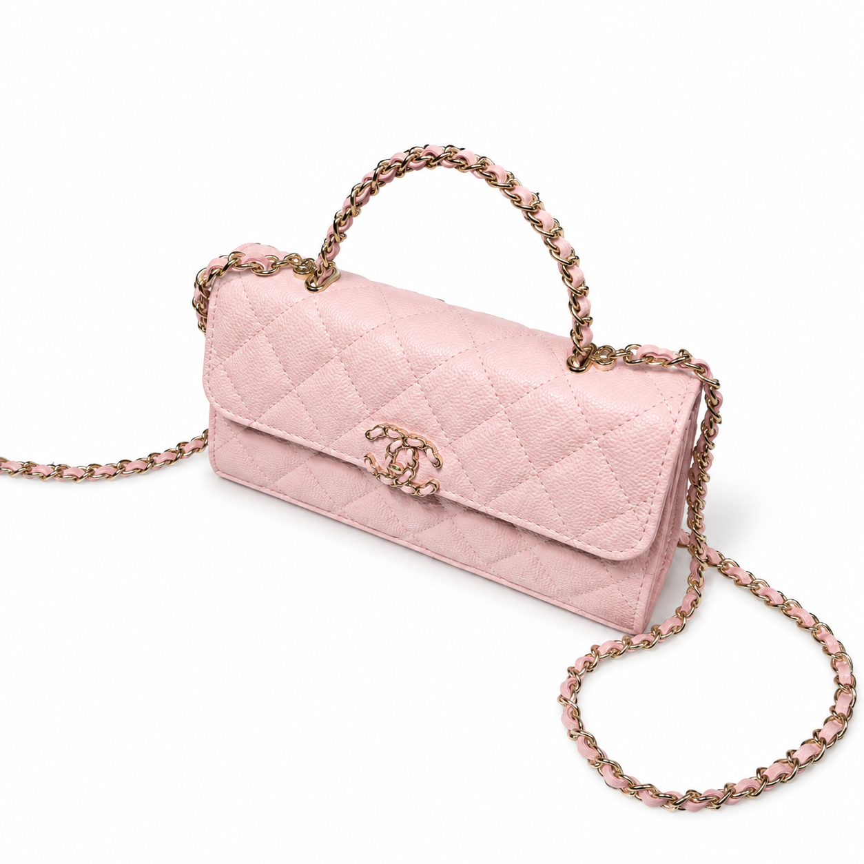 Chanel Baby Pink Fine-Grain Quilted Mini Top Handle Flap Bag | Rose Gold Chain-Texture CC Turn-Lock & Tonal Pink Chain