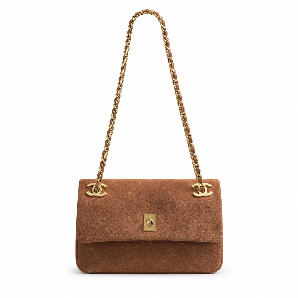 Chanel Camel Quilted Suede Single Flap | Gold Square Push-Lock & CC Clips — 22cm