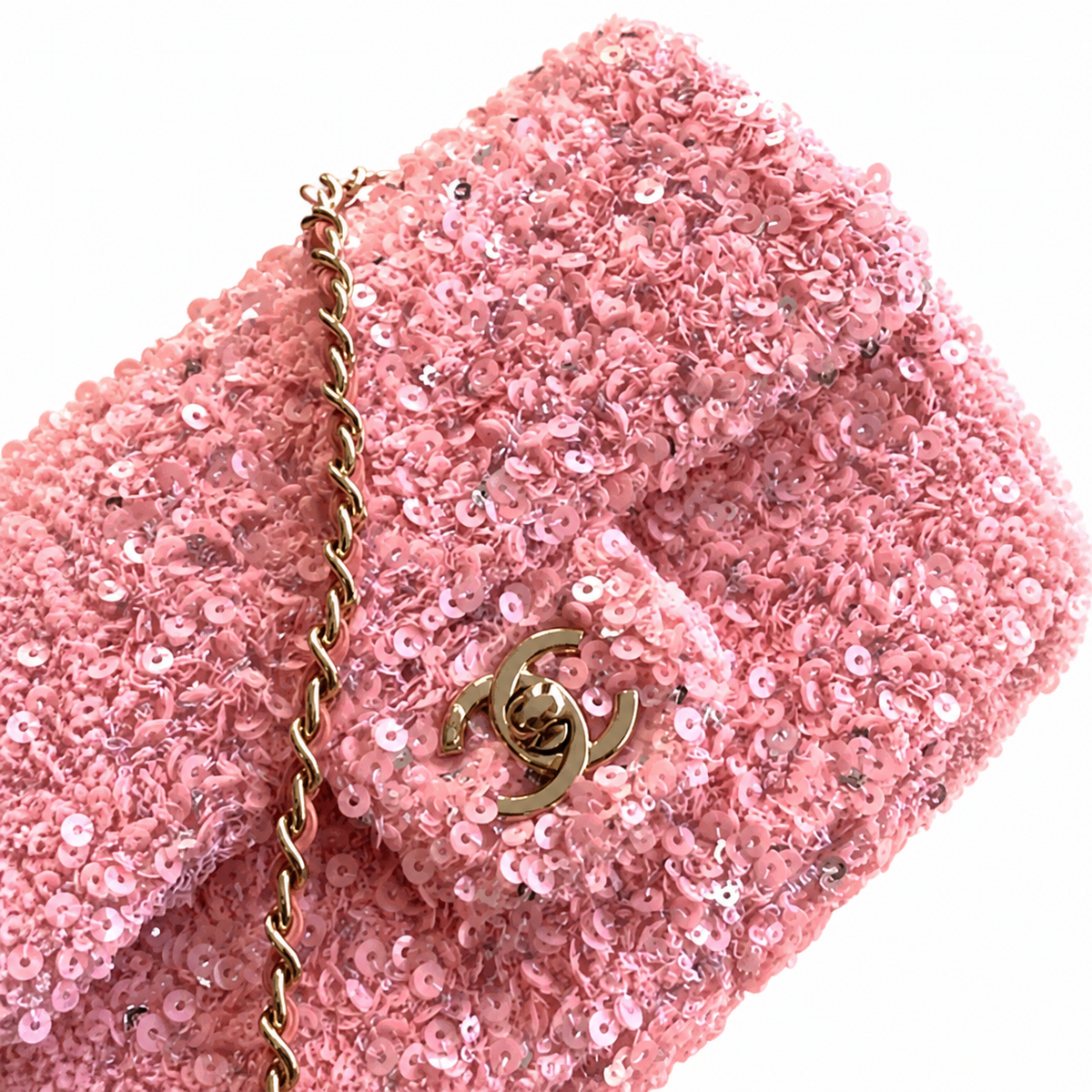 Chanel Small Flap Bag Candy Pink Full-Coverage Large Sequin | Gold CC Turn-Lock — 20cm