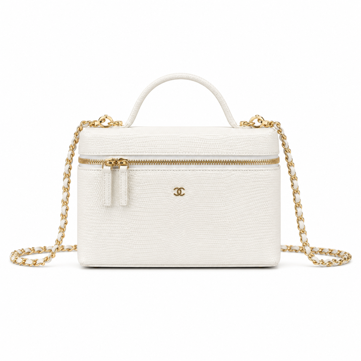 Chanel White Croc-Embossed Vanity Case | Back Zip Pocket & Lobster Clasp — 18cm