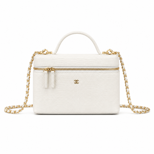 Chanel White Croc-Embossed Vanity Case | Back Zip Pocket & Lobster Clasp — 18cm