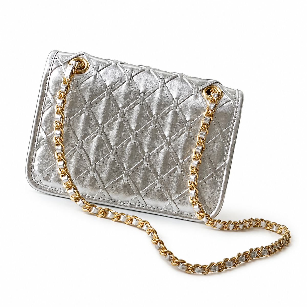 Chanel Silver Crinkled Metallic Quilted Small Flap Bag